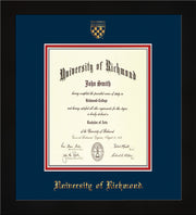 Image of University of Richmond Diploma Frame - Flat Matte Black - w/Embossed Seal & Name - Navy on Red mats - LAW size