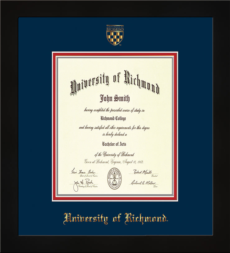 Image of University of Richmond Diploma Frame - Flat Matte Black - w/Embossed Seal & Name - Navy on Red mats - LAW size