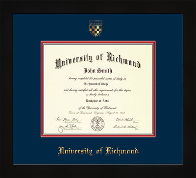 Image of University of Richmond Diploma Frame - Flat Matte Black - w/Embossed Seal & Name - Navy on Red mats