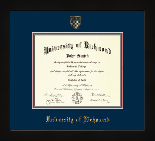 Image of University of Richmond Diploma Frame - Flat Matte Black - w/Embossed Seal & Name - Navy on Red mats