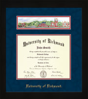 Image of University of Richmond Diploma Frame - Flat Matte Black - w/Embossed School Name Only - Campus Collage - Navy Suede on Red mat