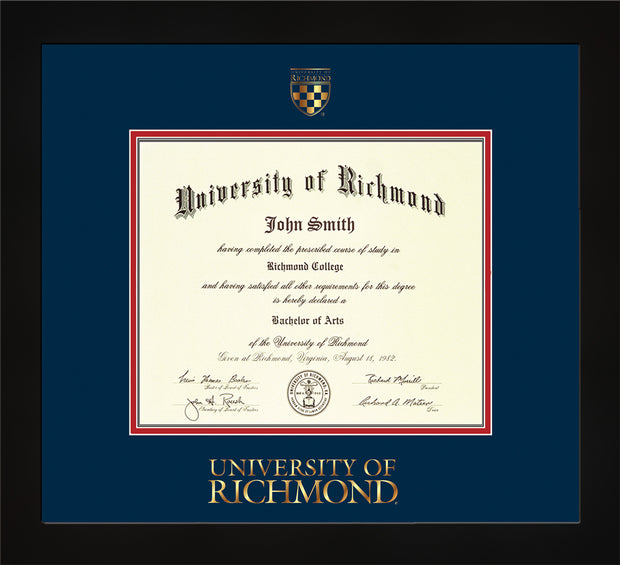 Image of University of Richmond Diploma Frame - Flat Matte Black - w/Embossed Seal & Wordmark - Navy on Red mats