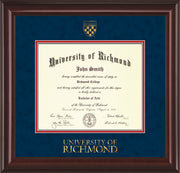 Image of University of Richmond Diploma Frame - Mahogany Lacquer - w/Embossed Seal & Wordmark - Navy Suede on Red mats