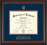 Image of University of Richmond Diploma Frame - Rosewood - w/Embossed Seal & Wordmark - Navy Suede on Red mats