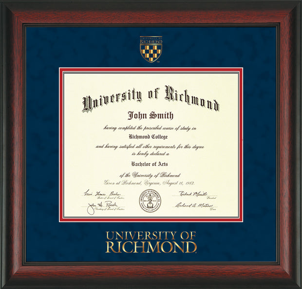 Image of University of Richmond Diploma Frame - Rosewood - w/Embossed Seal & Wordmark - Navy Suede on Red mats