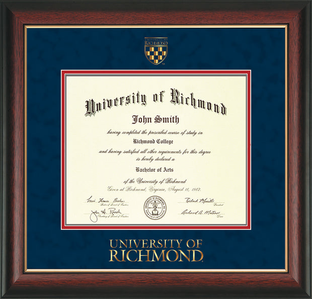 Image of University of Richmond Diploma Frame - Rosewood with Gold Lip - w/Embossed Seal & Wordmark - Navy Suede on Red mats