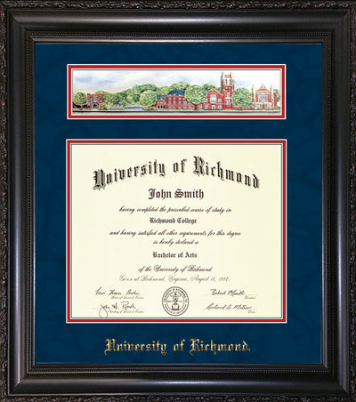 Image of University of Richmond Diploma Frame - Vintage Black Scoop - w/Embossed School Name Only - Campus Collage - Navy Suede on Red mat