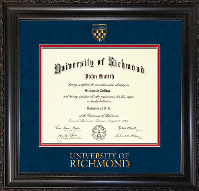 Image of University of Richmond Diploma Frame - Vintage Black Scoop - w/Embossed Seal & Wordmark - Navy Suede on Red mats