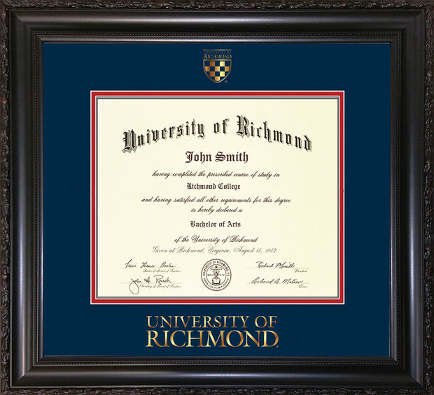 Image of University of Richmond Diploma Frame - Vintage Black Scoop - w/Embossed Seal & Wordmark - Navy on Red mats