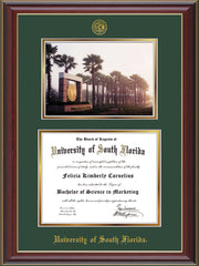 Image of University of South Florida Diploma Frame - Cherry Lacquer - w/Embossed USF Seal & Name - Photo - Green on Gold mat