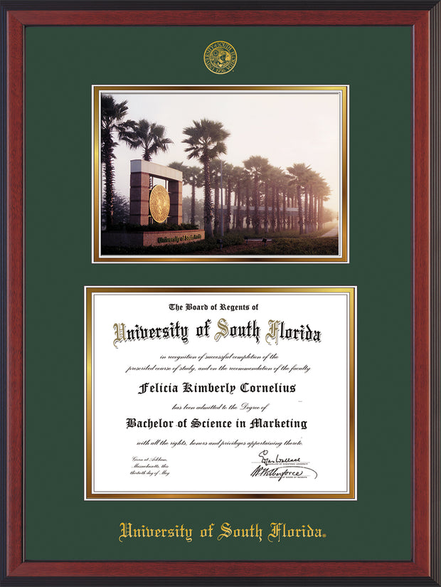 Image of University of South Florida Diploma Frame - Cherry Reverse - w/Embossed USF Seal & Name - Photo - Green on Gold mat