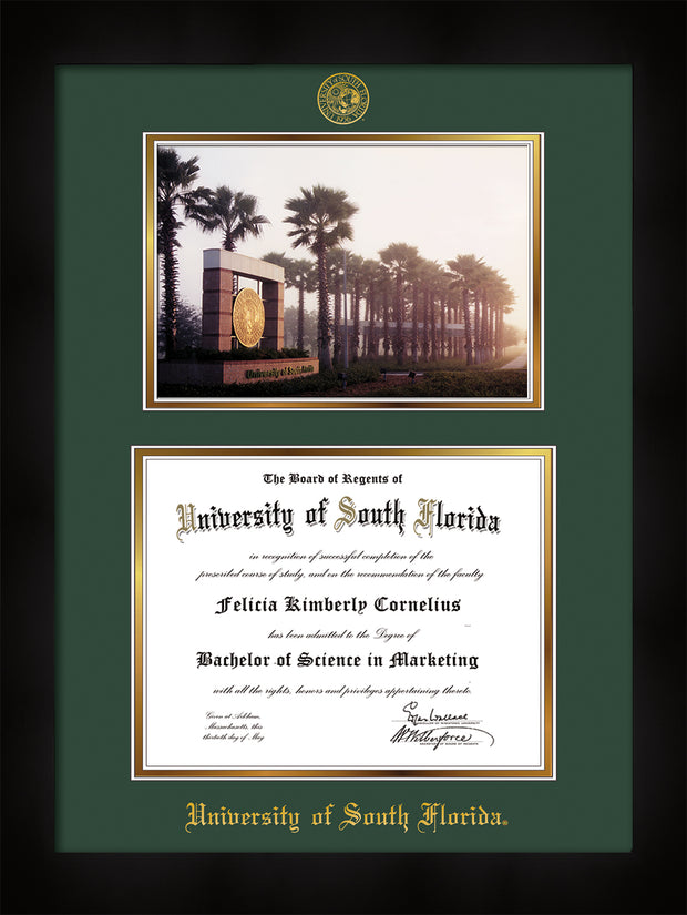 Image of University of South Florida Diploma Frame - Flat Matte Black - w/Embossed USF Seal & Name - Photo - Green on Gold mat