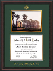 Image of University of South Florida Diploma Frame - Mahogany Braid - w/Embossed USF Seal & Name - Photo - Green on Gold mat