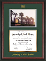 Image of University of South Florida Diploma Frame - Rosewood - w/Embossed USF Seal & Name - Photo - Green on Gold mat