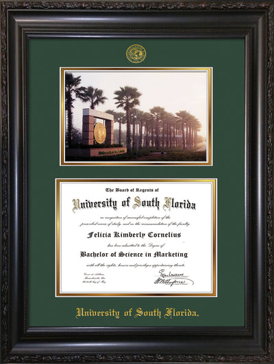 Image of University of South Florida Diploma Frame - Vintage Black Scoop - w/Embossed USF Seal & Name - Photo - Green on Gold mat