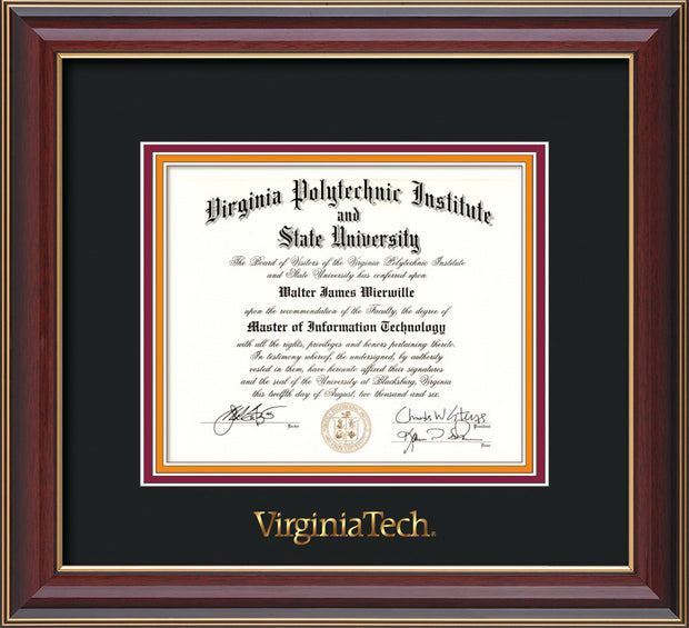 Image of Virginia Tech Diploma Frame - Cherry Lacquer - w/Embossed VT Wordmark Only - Black on Maroon on Orange mat
