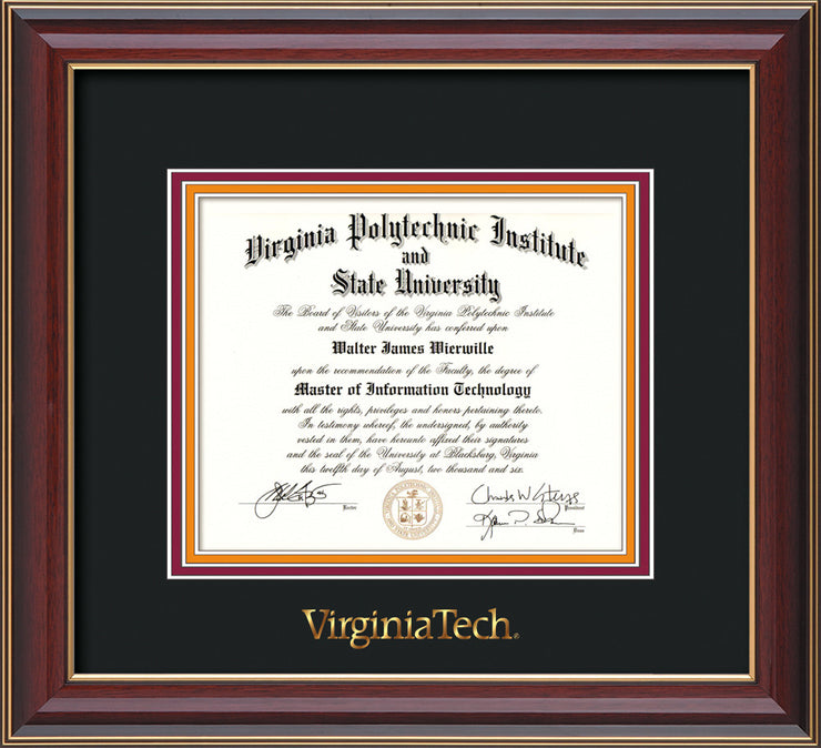 Image of Virginia Tech Diploma Frame - Cherry Lacquer - w/Embossed VT Wordmark Only - Black on Maroon on Orange mat