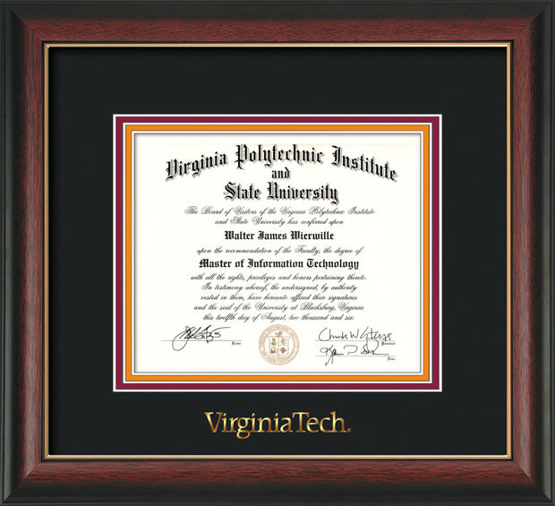 Image of Virginia Tech Diploma Frame - Rosewood w/Gold Lip - w/Embossed VT Wordmark Only - Black on Maroon on Orange mat