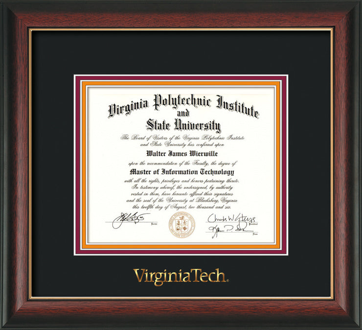 Image of Virginia Tech Diploma Frame - Rosewood w/Gold Lip - w/Embossed VT Wordmark Only - Black on Maroon on Orange mat