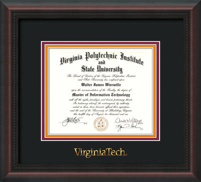 Image of Virginia Tech Diploma Frame - Mahogany Braid - w/Embossed VT Wordmark Only - Black on Maroon on Orange mat
