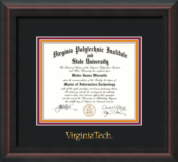 Image of Virginia Tech Diploma Frame - Mahogany Braid - w/Embossed VT Wordmark Only - Black on Maroon on Orange mat