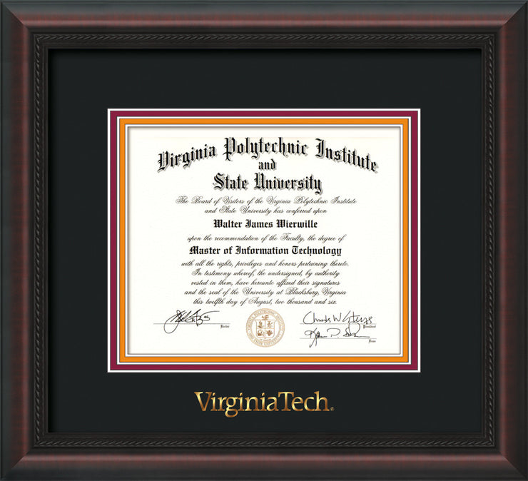 Image of Virginia Tech Diploma Frame - Mahogany Braid - w/Embossed VT Wordmark Only - Black on Maroon on Orange mat