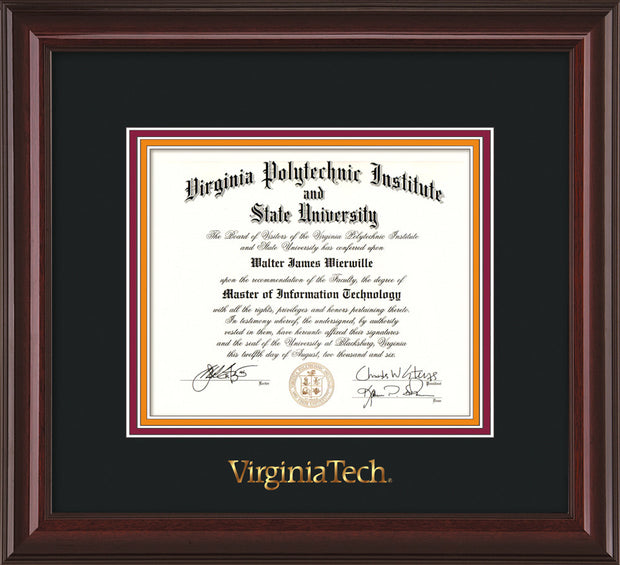 Image of Virginia Tech Diploma Frame - Mahogany Lacquer - w/Embossed VT Wordmark Only - Black on Maroon on Orange mat