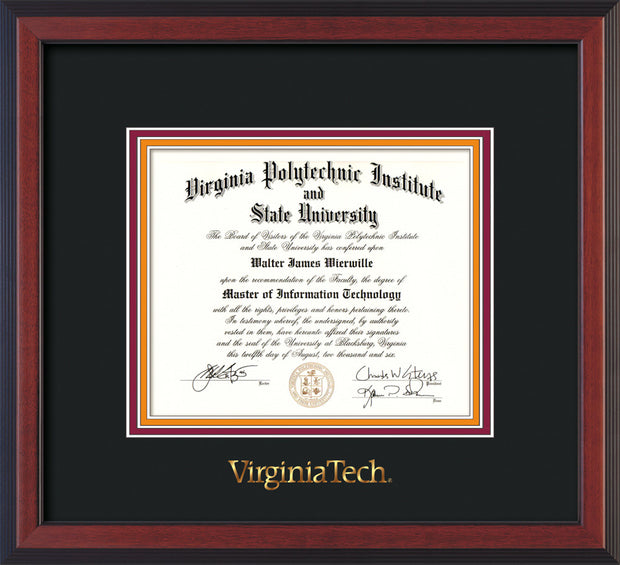 Image of Virginia Tech Diploma Frame - Cherry Reverse - w/Embossed VT Wordmark Only - Black on Maroon on Orange mat