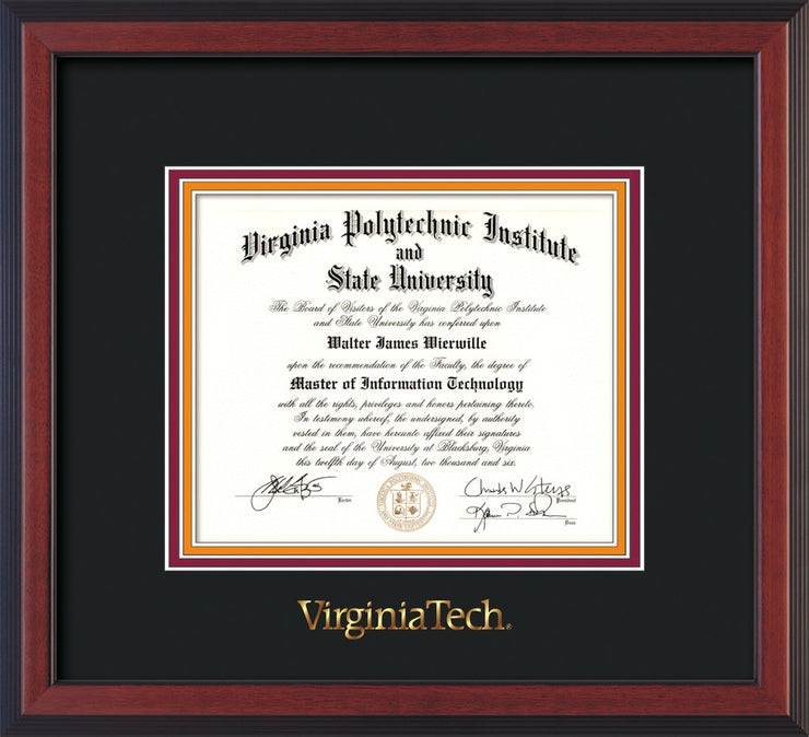 Image of Virginia Tech Diploma Frame - Cherry Reverse - w/Embossed VT Wordmark Only - Black on Maroon on Orange mat
