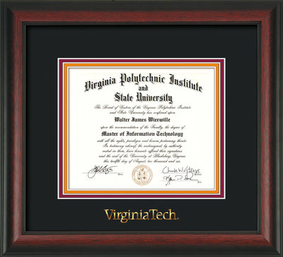 Image of Virginia Tech Diploma Frame - Rosewood - w/Embossed VT Wordmark Only - Black on Maroon on Orange mat