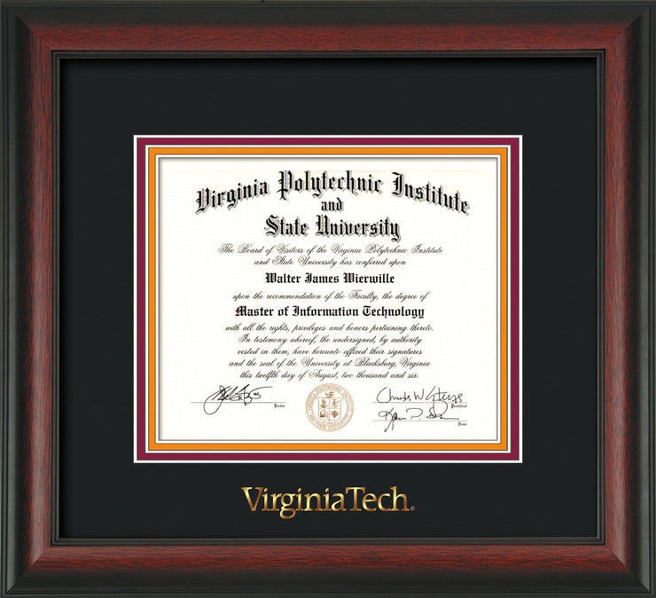 Image of Virginia Tech Diploma Frame - Rosewood - w/Embossed VT Wordmark Only - Black on Maroon on Orange mat