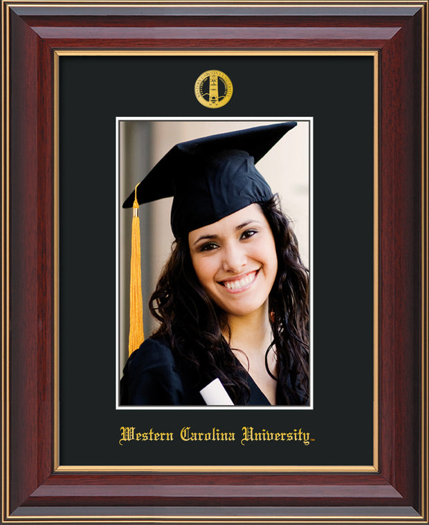Image of Western Carolina University 5 x 7 Photo Frame - Cherry Lacquer - w/Official Embossing of WCU Seal & Name - Single Black mat