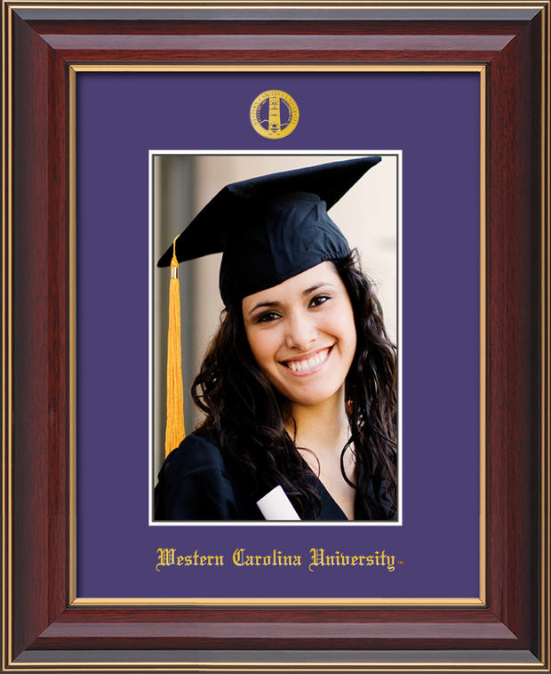 Image of Western Carolina University 5 x 7 Photo Frame - Cherry Lacquer - w/Official Embossing of WCU Seal & Name - Single Purple mat