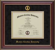 Image of Western Carolina University Diploma Frame - Cherry Lacquer - w/Embossed Seal & Name - Black Suede on Gold mats