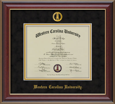 Image of Western Carolina University Diploma Frame - Cherry Lacquer - w/Embossed Seal & Name - Black Suede on Gold mats