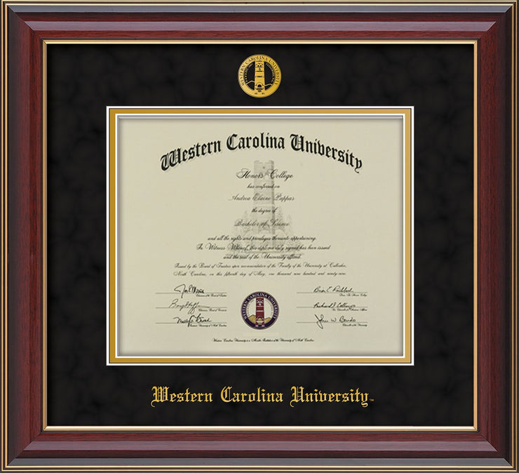 Image of Western Carolina University Diploma Frame - Cherry Lacquer - w/Embossed Seal & Name - Black Suede on Gold mats