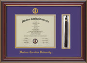 Image of Western Carolina University Diploma Frame - Cherry Lacquer - w/Embossed Seal & Name - Tassel Holder - Purple on Gold mats