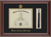 Image of Western Carolina University Diploma Frame - Cherry Lacquer - w/Embossed Seal & Name - Tassel Holder - Black on Gold mats