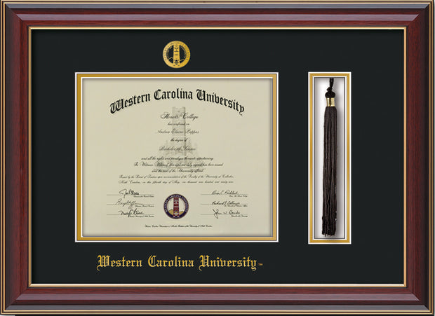 Image of Western Carolina University Diploma Frame - Cherry Lacquer - w/Embossed Seal & Name - Tassel Holder - Black on Gold mats