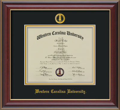 Image of Western Carolina University Diploma Frame - Cherry Lacquer - w/Embossed Seal & Name - Black on Gold mats