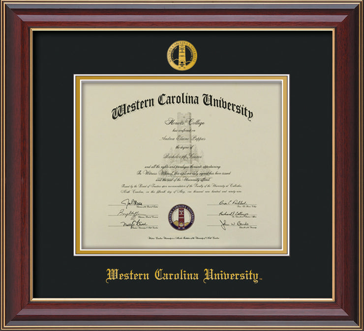 Image of Western Carolina University Diploma Frame - Cherry Lacquer - w/Embossed Seal & Name - Black on Gold mats