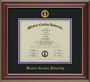 Image of Western Carolina University Diploma Frame - Cherry Lacquer - w/Embossed Seal & Name - Black on Purple mats