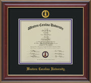 Image of Western Carolina University Diploma Frame - Cherry Lacquer - w/Embossed Seal & Name - Black on Purple mats