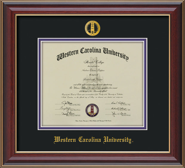 Image of Western Carolina University Diploma Frame - Cherry Lacquer - w/Embossed Seal & Name - Black on Purple mats