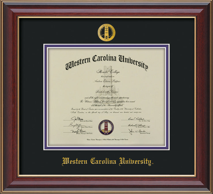 Image of Western Carolina University Diploma Frame - Cherry Lacquer - w/Embossed Seal & Name - Black on Purple mats