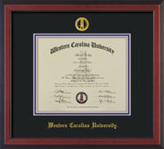 Image of Western Carolina University Diploma Frame - Cherry Reverse - w/Embossed Seal & Name - Black on Purple mats