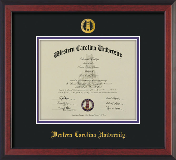 Image of Western Carolina University Diploma Frame - Cherry Reverse - w/Embossed Seal & Name - Black on Purple mats