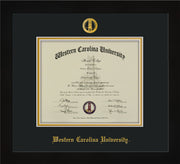 Image of Western Carolina University Diploma Frame - Flat Matte Black - w/Embossed Seal & Name - Black on Gold mats