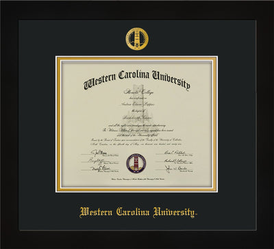 Image of Western Carolina University Diploma Frame - Flat Matte Black - w/Embossed Seal & Name - Black on Gold mats