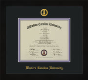 Image of Western Carolina University Diploma Frame - Flat Matte Black - w/Embossed Seal & Name - Black on Purple mats